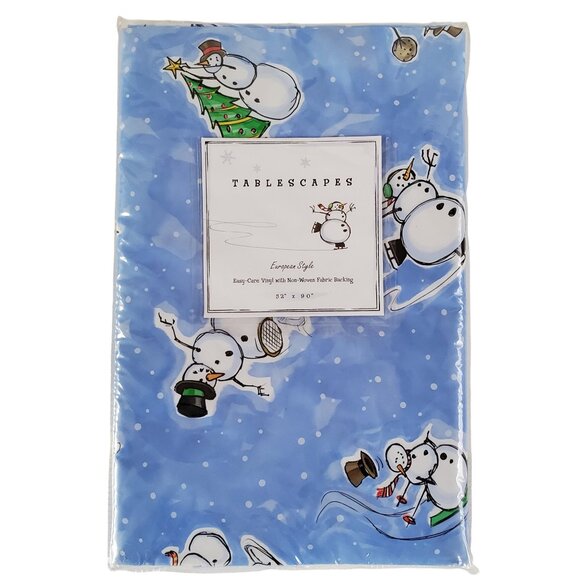 Vinyl Snowman Tablecloth 52" x 90" Oblong Christmas Holiday Blue Fabric Backing - Picture 1 of 6
